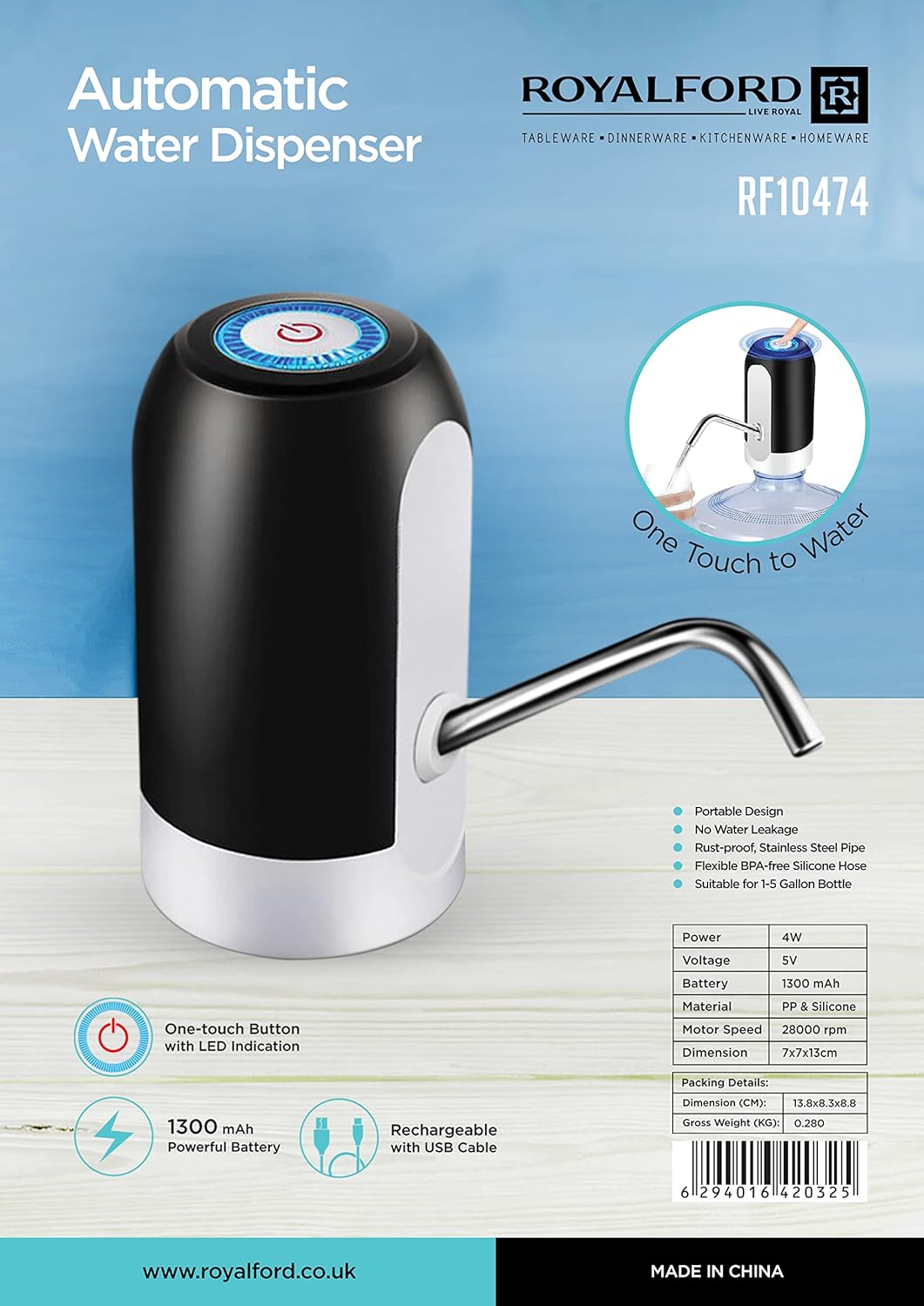 Royalford One Touch Automatic Water Dispenser RF10474 Powerful Battery Rechargeable with USB Cable No Water Leakage Rust-Proof, Stainless Steel Pipe 1200mAh